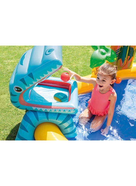Backyard inflatable water park with pool and slide
