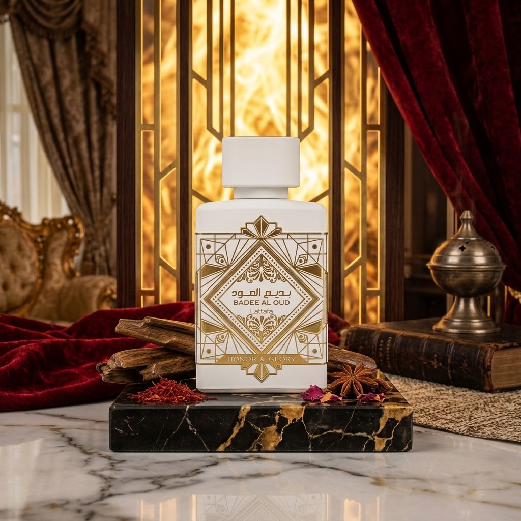 A white perfume bottle with ornate gold geometric detailing and Arabic text reading 'BADEE AL QUD' stands on a black marble base.