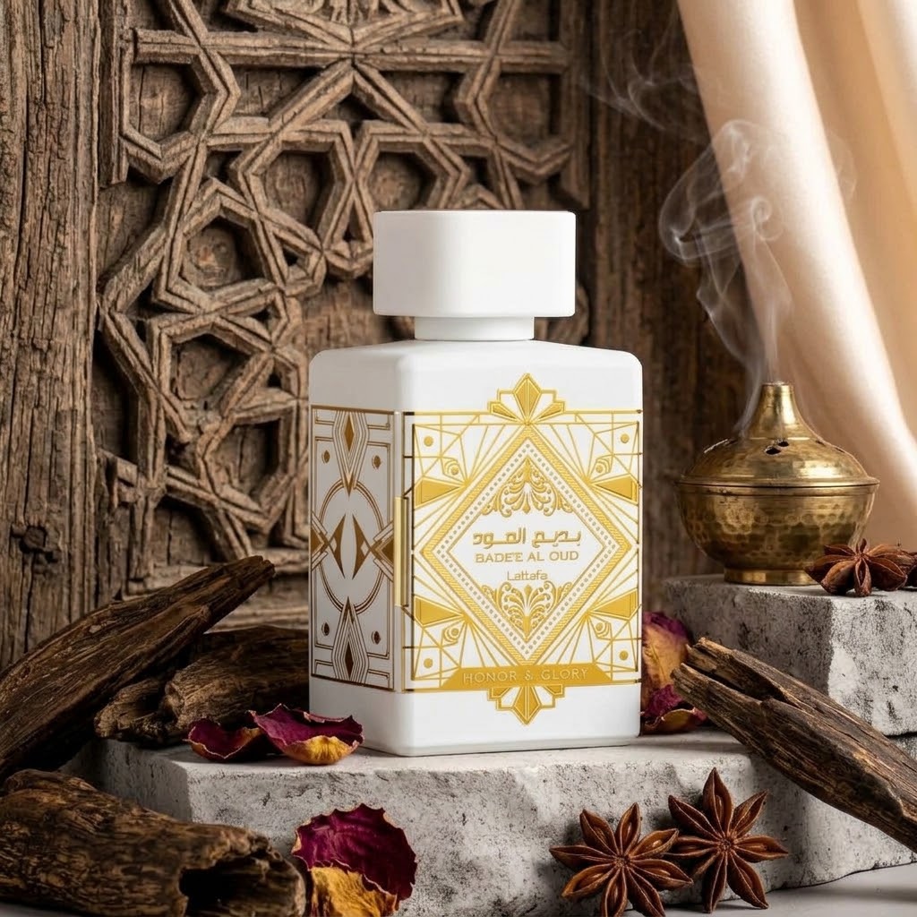 A white rectangular perfume bottle with gold geometric patterns and Arabic text, styled on stone blocks with dried wood, star anise, petals, a brass incense burner, and a carved wooden backdrop.