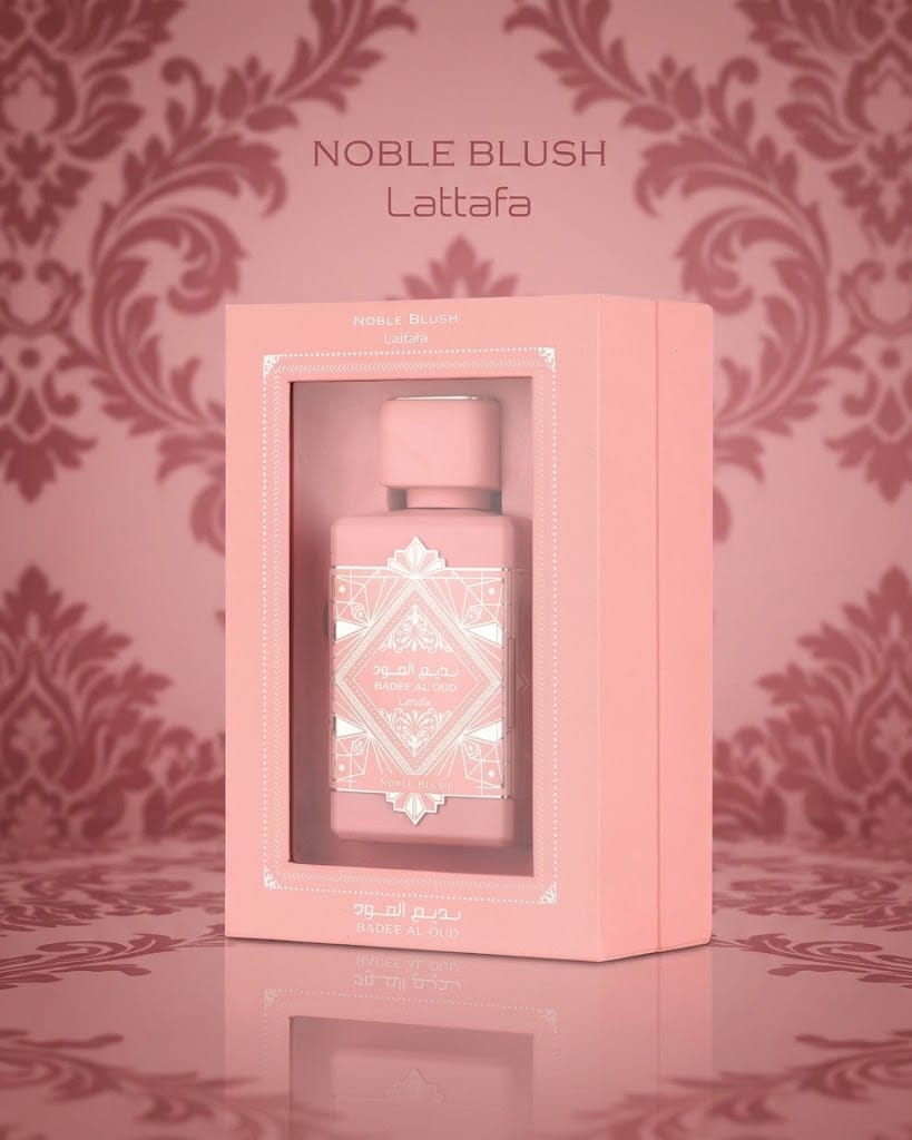 Lattafa Badee Al Oud Noble Blush perfume in elegant pink bottle