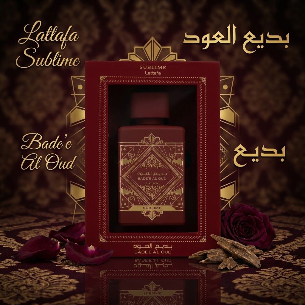 Badee Al Oud Sublime luxury perfume by Lattafa in elegant red bottle