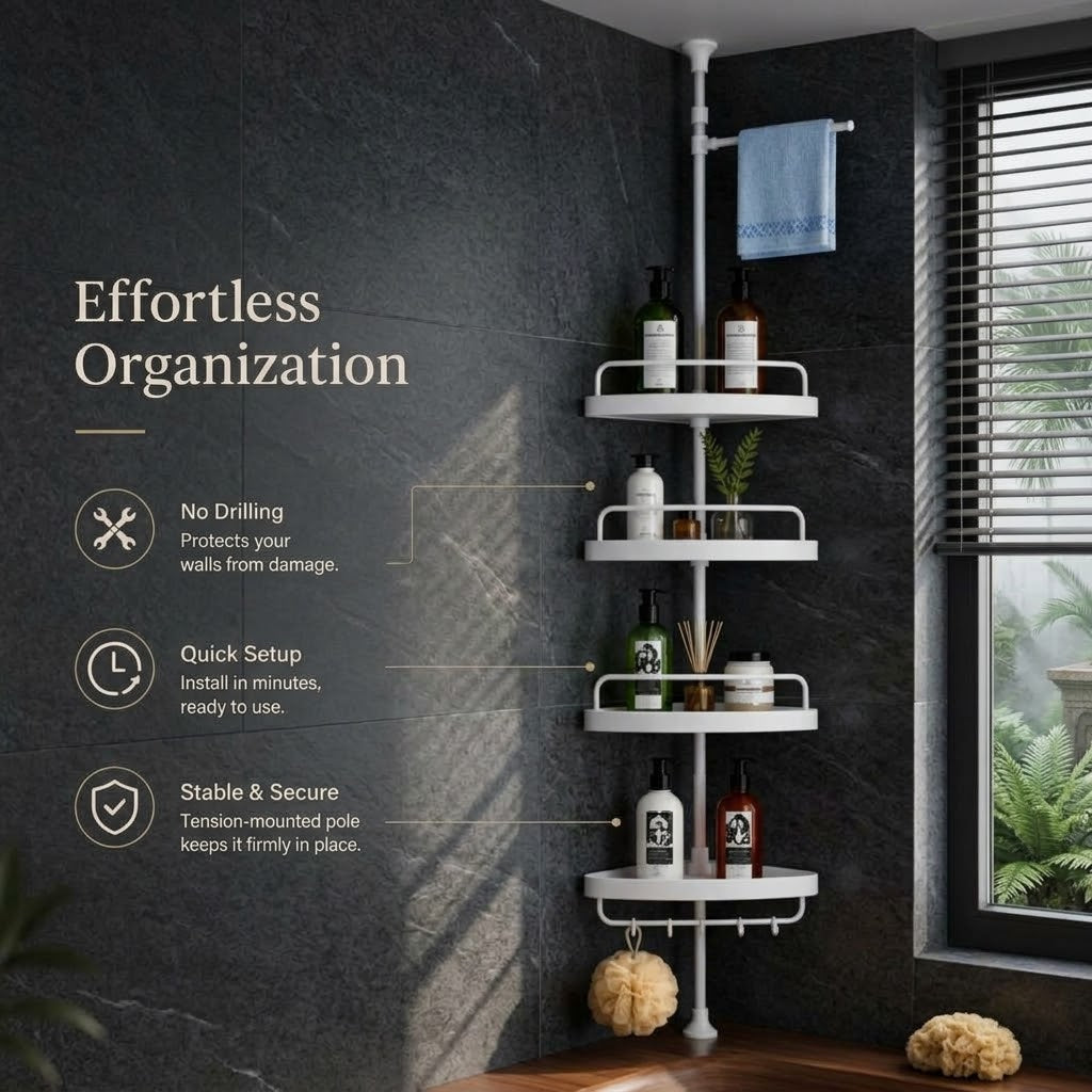 A white corner wall-mounted bathroom shelf organizer with three tiers and a hanging towel bar, shown installed in a dark tiled bathroom corner. The image includes marketing text on the left ('Effortless Organization') and a window on the right.