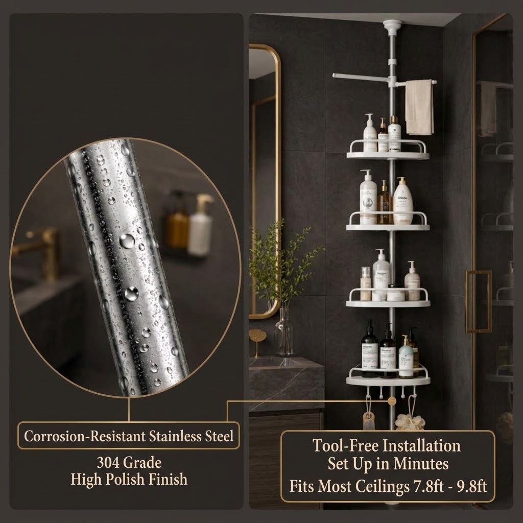 A wall-mounted corner shelving unit made of stainless steel, shown installed in a modern bathroom corner with toiletries on the shelves. The image includes a circular close-up of the polished metal surface with water droplets and text callouts about corrosion-resistant stainless steel and tool-free installation.