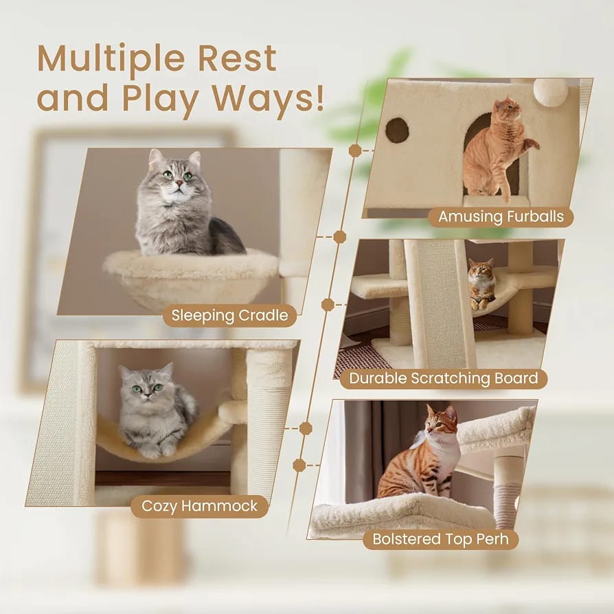 Beige Cat Tree Tower 166cm – Multi-Level Cat Condo with Hammock, Cave & Scratching Posts product image 3