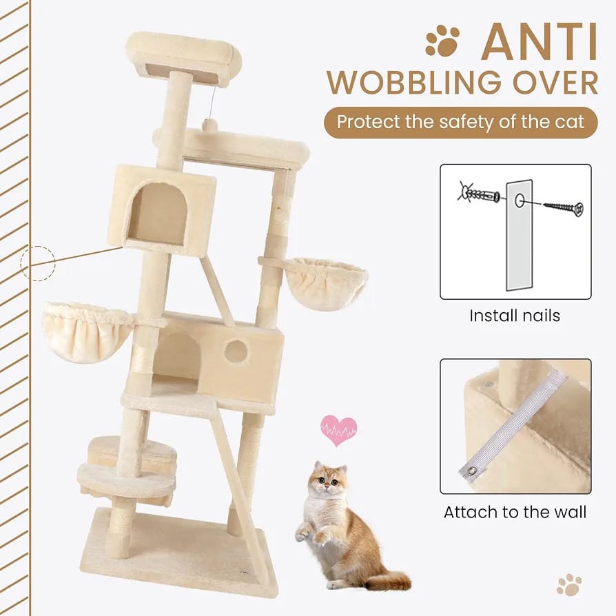 Beige Cat Tree Tower 166cm – Multi-Level Cat Condo with Hammock, Cave & Scratching Posts product image 5