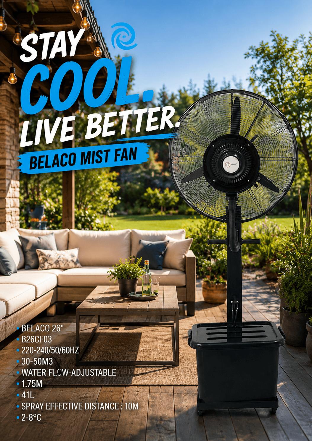 Belaco 26 Inch Outdoor Mist Fan B26CF03 – Adjustable Water Flow Cooling Fan with 41L Tank product image