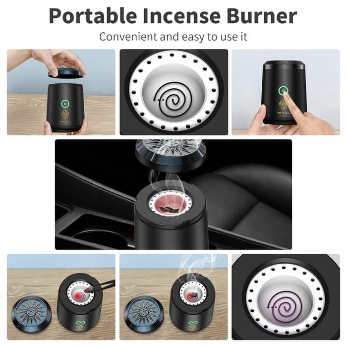 Portable incense burner with various usage scenarios on a gray background