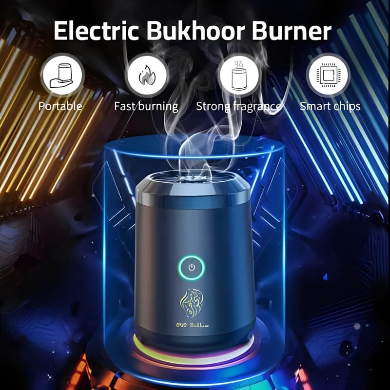 Electric Bukhoor Burner with features listed on a dark background