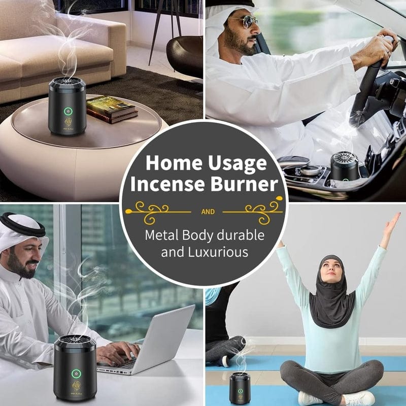 Collage of a home usage incense burner in various settings with text overlay.