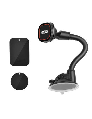 Black car GPS phone holder with red detailing and suction cup mounting base