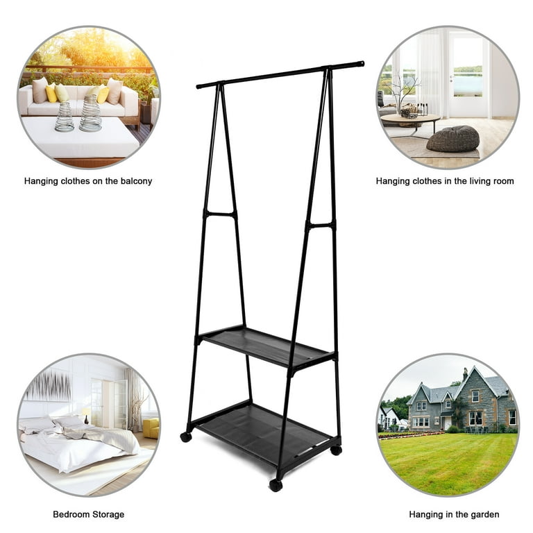 Black clothing rack with various usage scenarios depicted around it.
