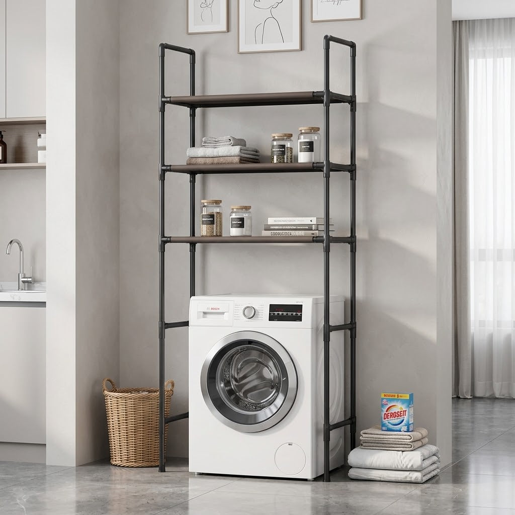 A white front-loading washing machine placed under a tall black metal shelving unit with dark wood shelves in a bright, modern laundry room.