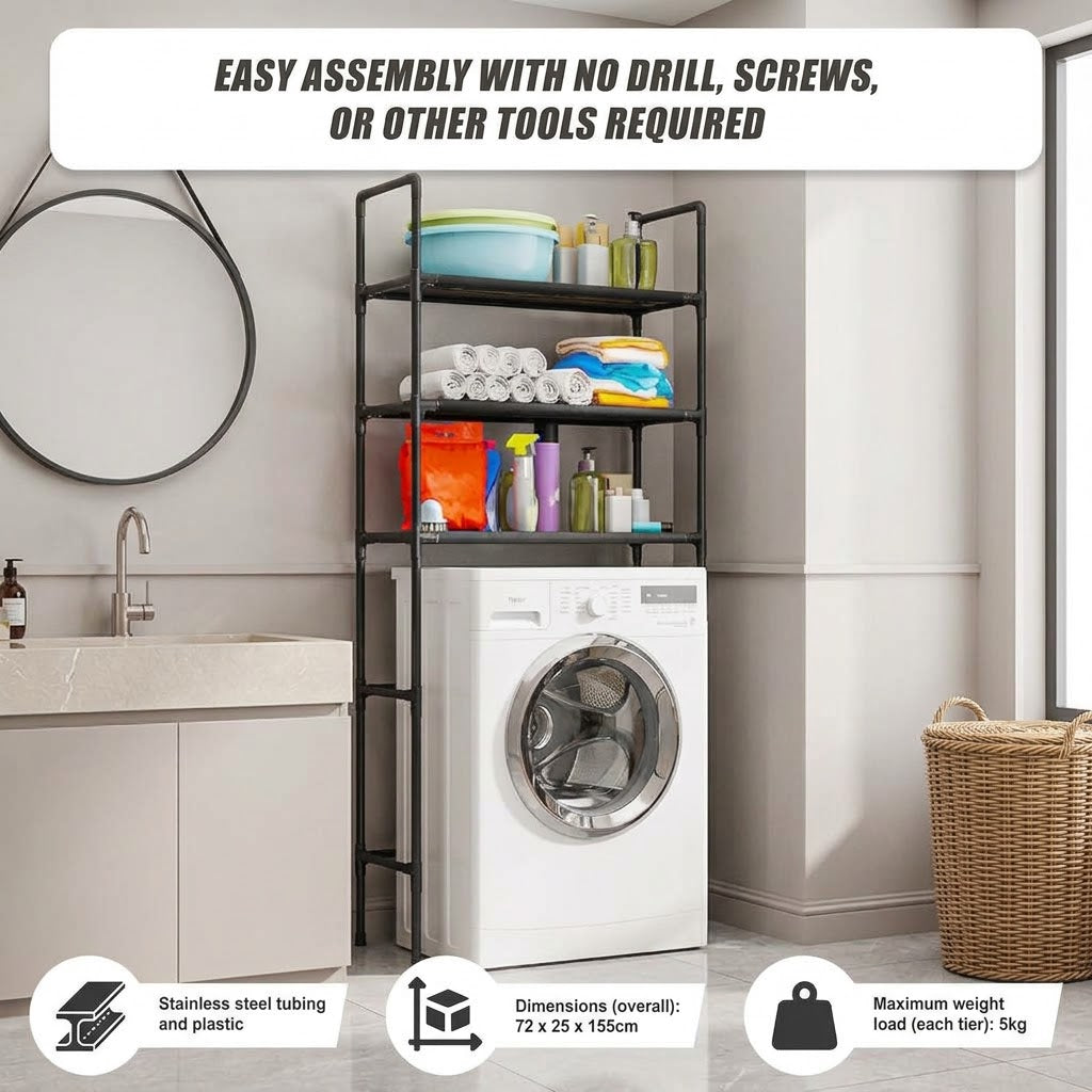 A black metal three-tier laundry organizer shelf with a white front-loading washing machine inserted, shown in a bathroom setting next to a sink and mirror. Text at the top says it is easy to assemble with no tools required, and icons at the bottom mention stainless steel tubing, dimensions of 72 x 25 x 155cm, and a maximum weight load of 5kg per tier.