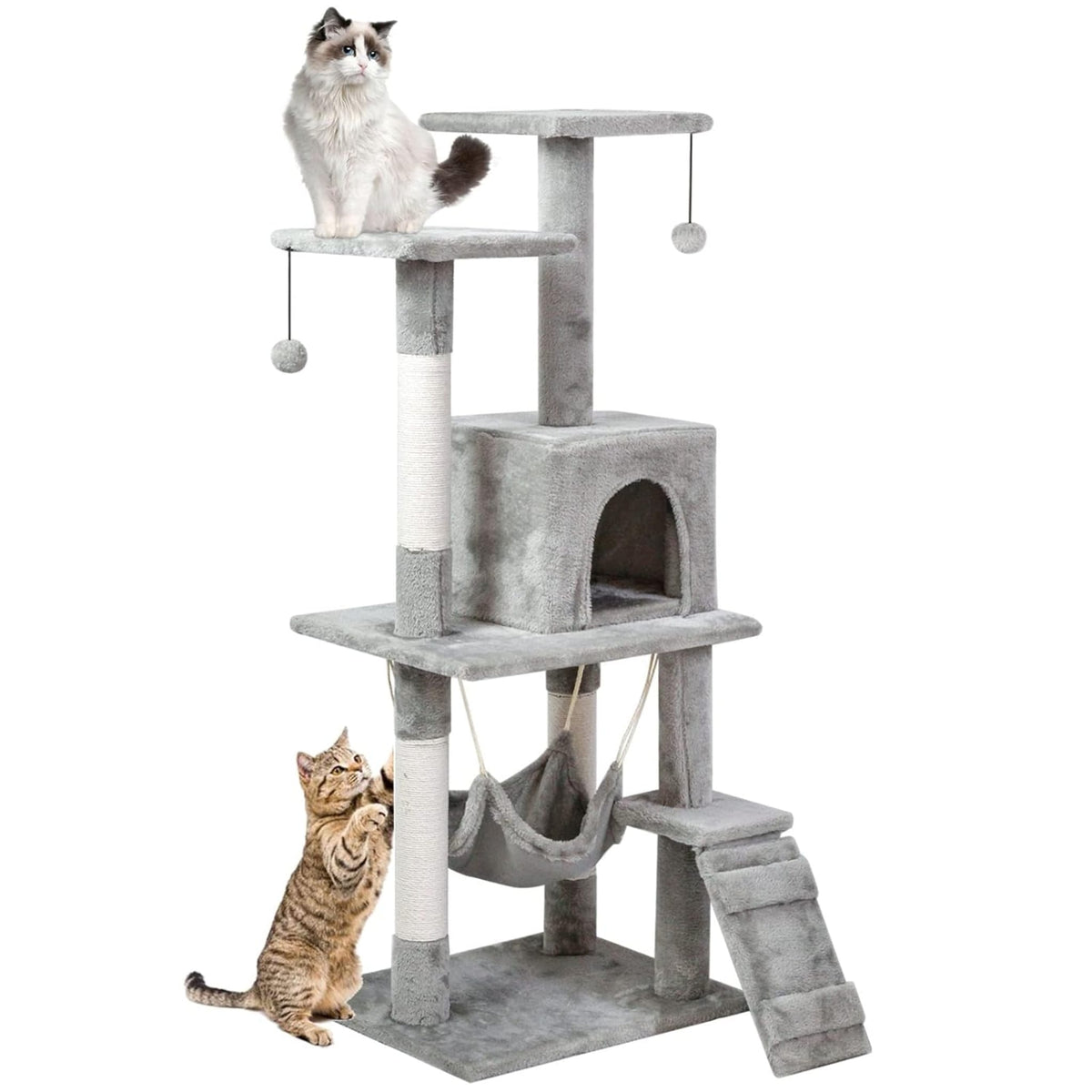 Cat climbing multi-level cat tree tower indoor