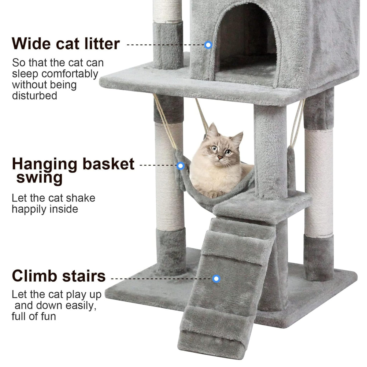 Sisal scratching post with hanging toy balls on cat tower