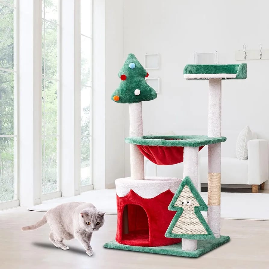 Enclosed cat condo house on Christmas cat tree Qatar
