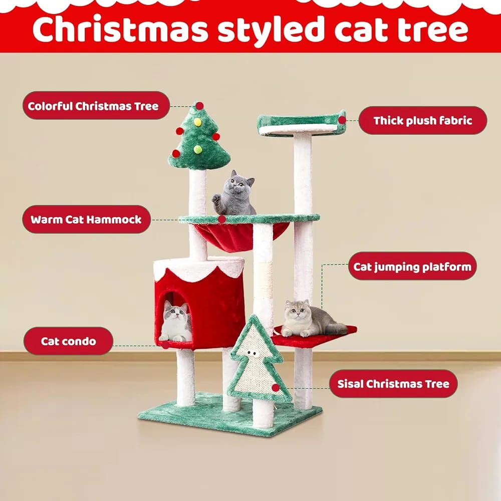 A Christmas-themed cat tree with multiple levels, perched cats, and overlaid callout labels including 'Christmas styled cat tree,' 'Colorful Christmas Tree,' 'Thick plush fabric,' 'Warm Cat Hammock,' 'Cat jumping platform,' 'Cat condo,' 'Sisal Christmas Tree,' and 'Green Christmas tree.' The background is a plain beige wall and floor.