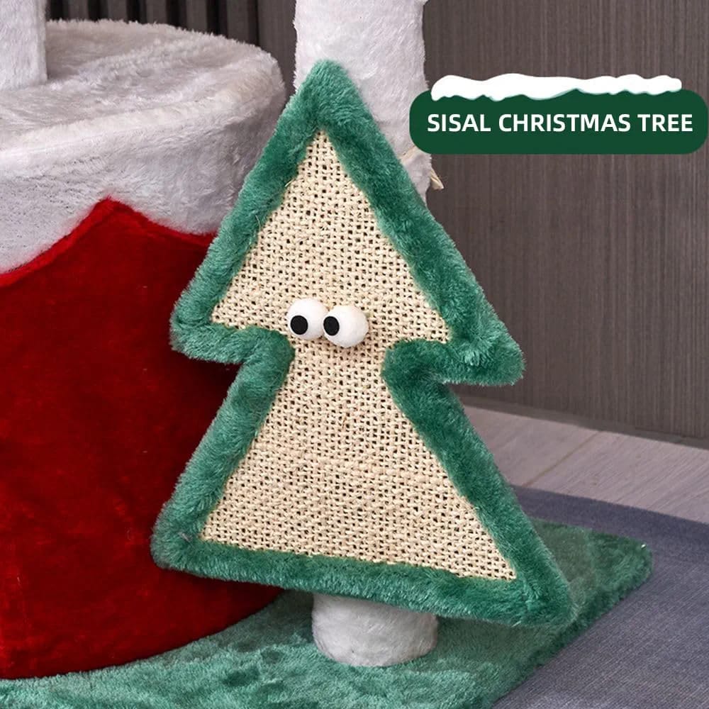 Christmas tree shaped scratching post on cat tower