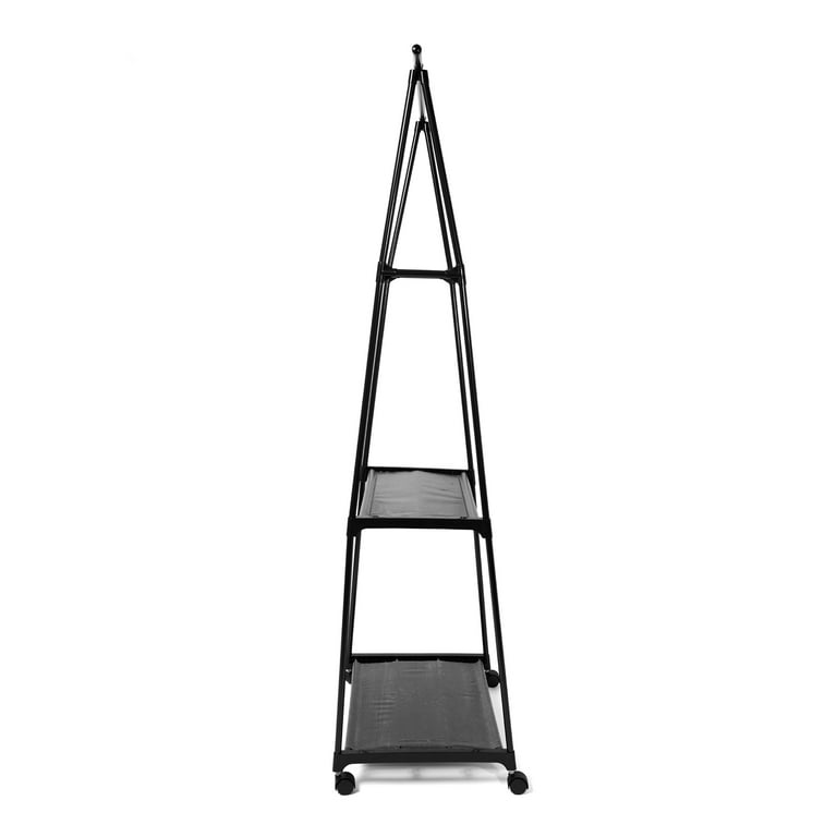 Black metal ladder shelf on a white background
