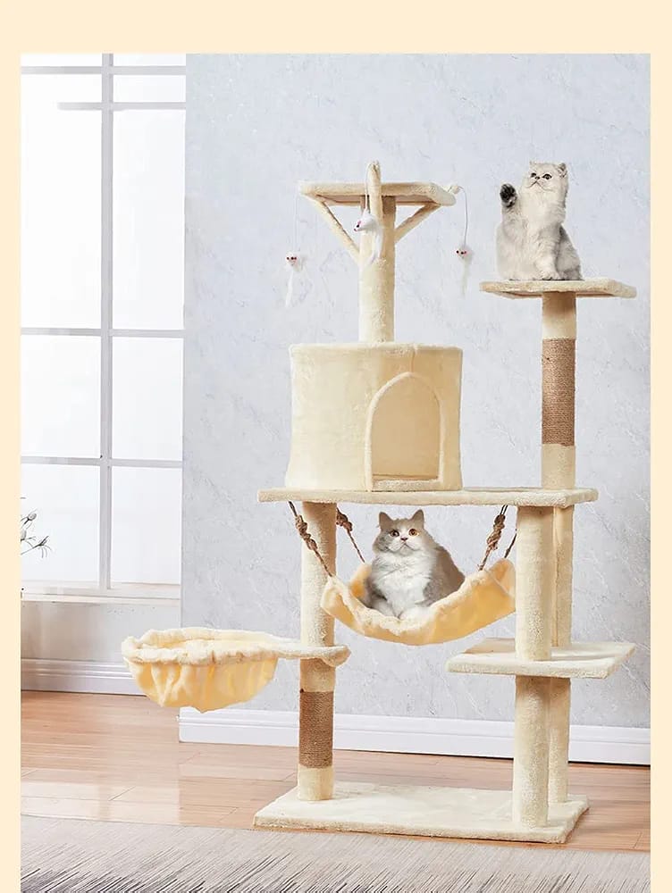 Cream Cat Tree Tower 125cm – Compact Cat Condo with Hammock, Basket Bed & Scratching Posts product image