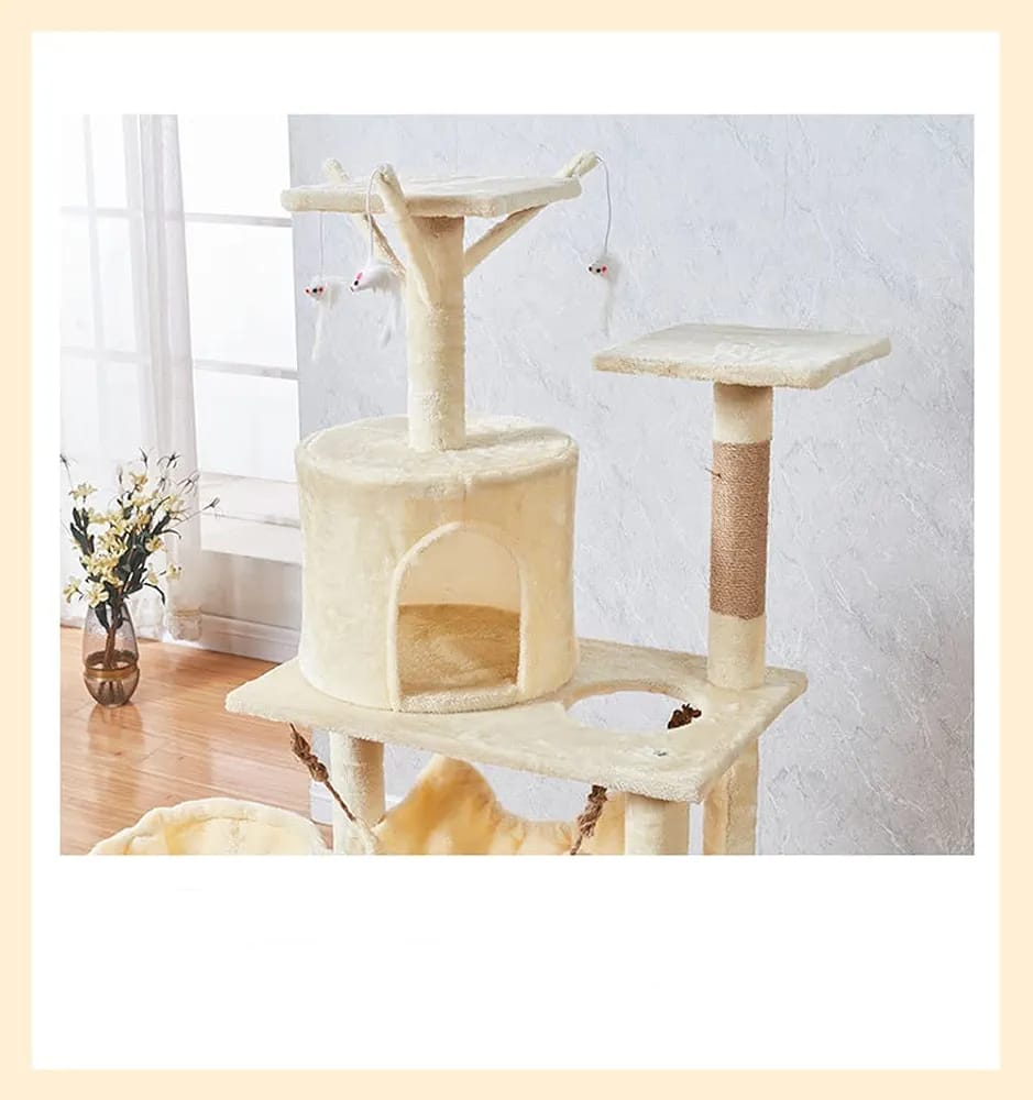 Cream Cat Tree Tower 125cm – Compact Cat Condo with Hammock, Basket Bed & Scratching Posts product image 3