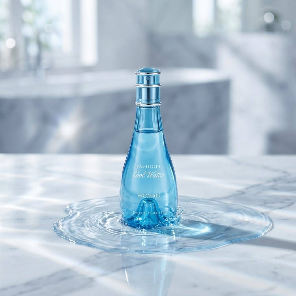 Davidoff Cool Water Woman 100ml blue perfume bottle on a marble surface
