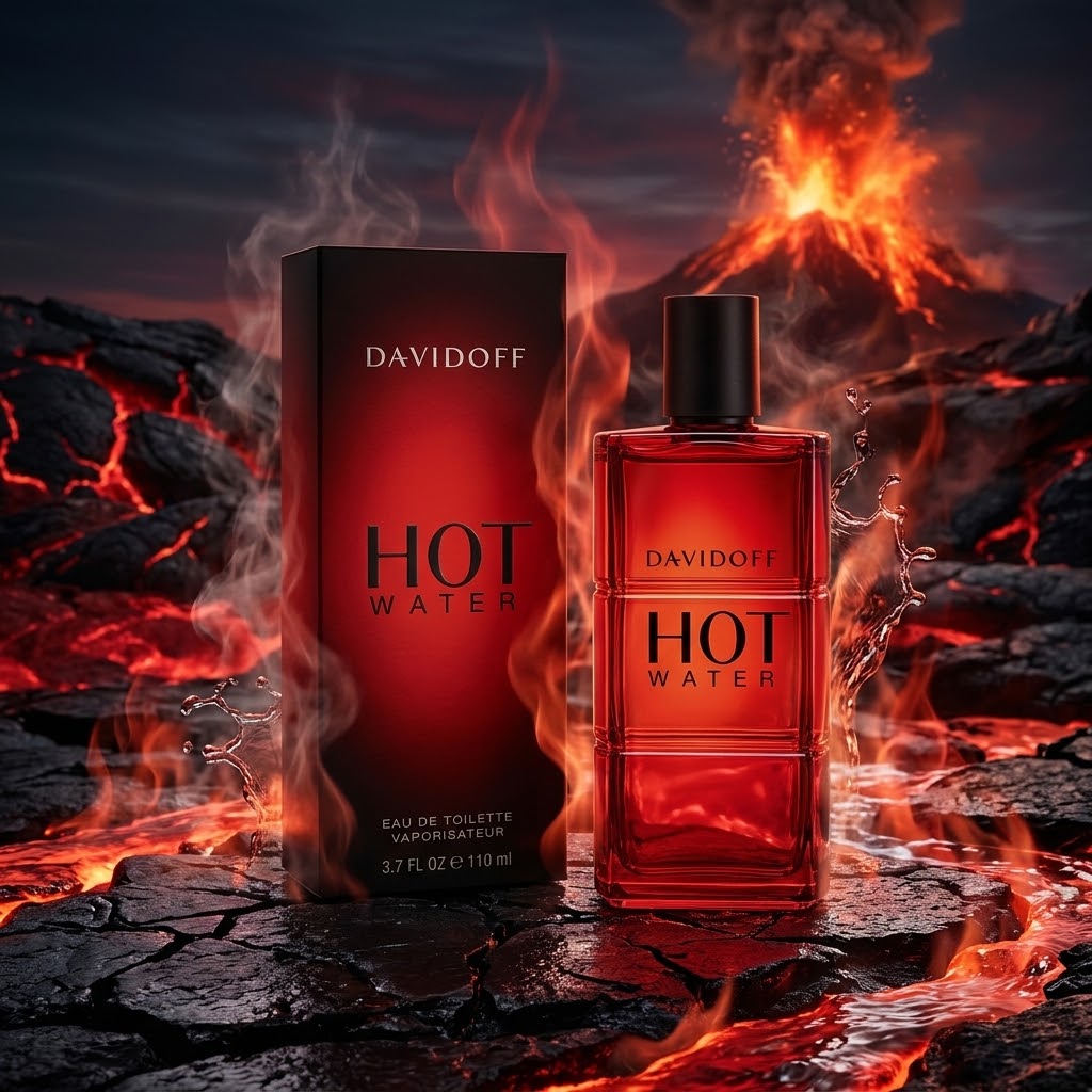 Davidoff Hot Water men's fragrance in a red glass bottle with matching black and red box
