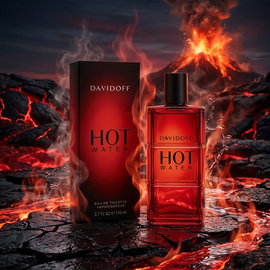 Davidoff Hot Water men's fragrance in a red glass bottle with matching black and red box