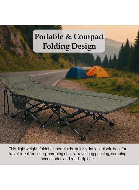 Deluxe folding camping cot with padded green sleeping surface and sturdy metal frame