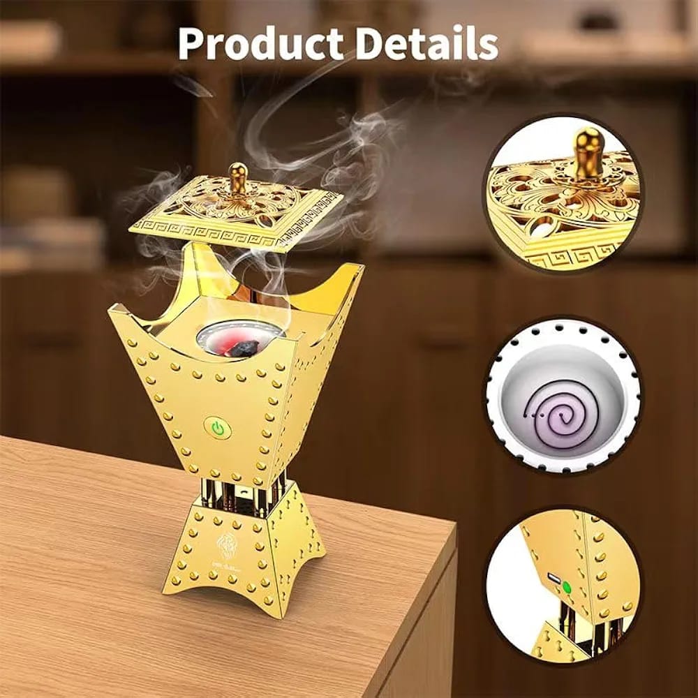 Gold-colored incense burner with smoke on a wooden surface, surrounded by close-up insets.