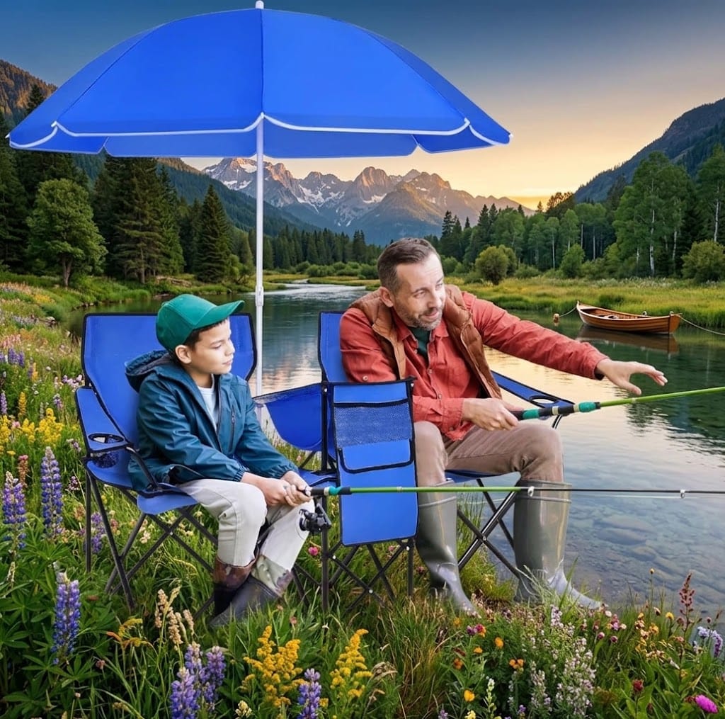 Double folding beach chair with blue canopy, built-in cup holders, and storage pockets