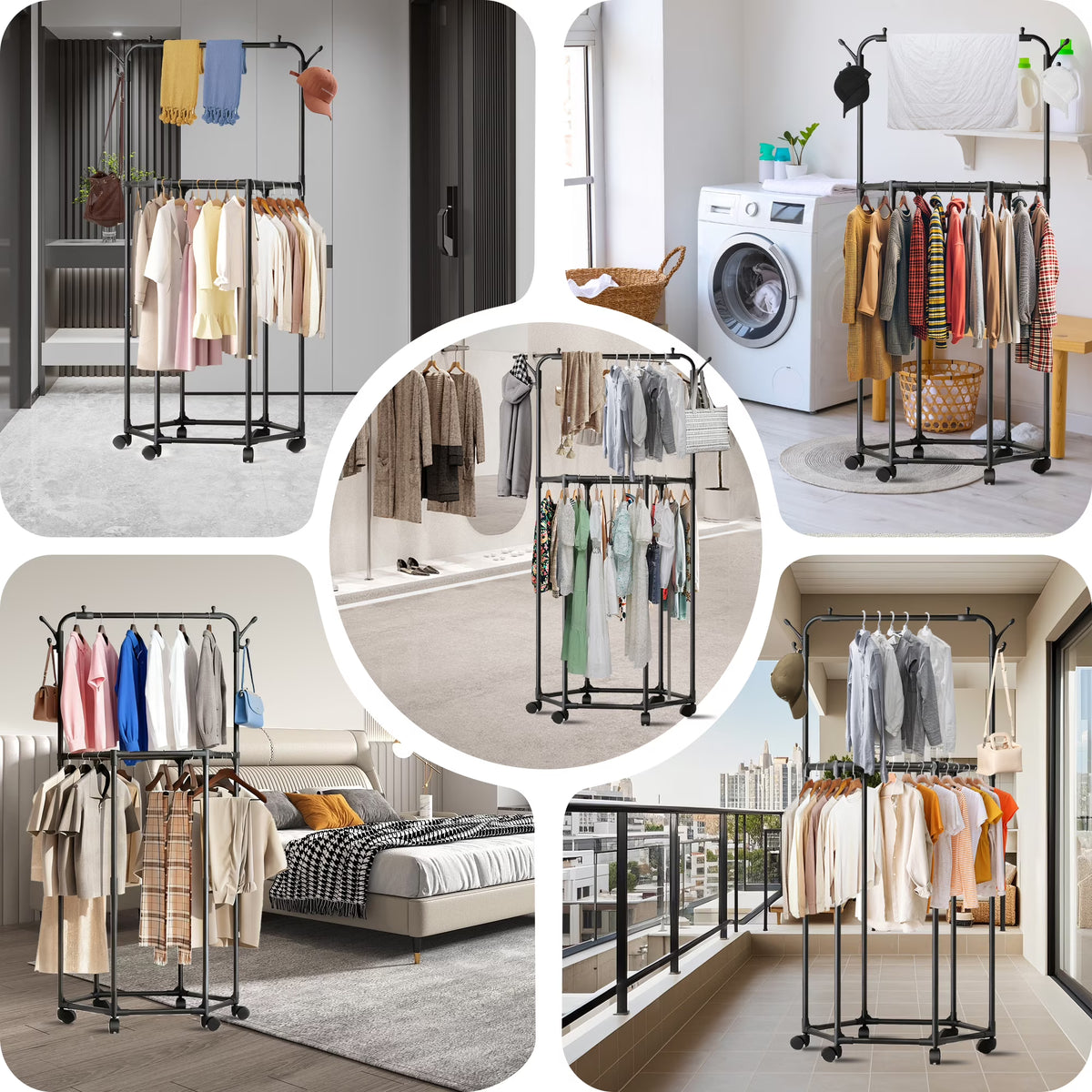 Double-layer rolling garment rack with wheels and hat hooks