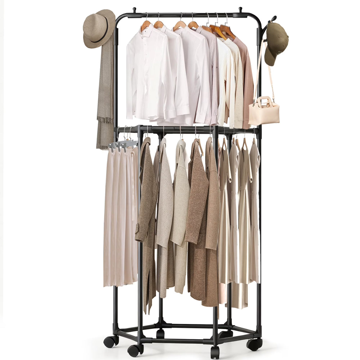 Double-layer rolling garment rack with wheels and hat hooks