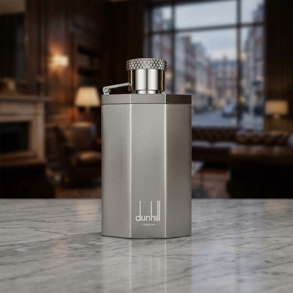 Dunhill London men's fragrance in a sleek silver rectangular bottle with a textured silver cap