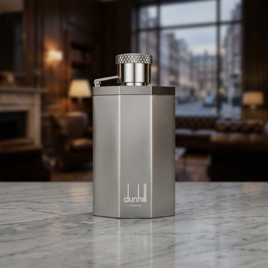 Dunhill London men's fragrance in a sleek silver rectangular bottle with a textured silver cap