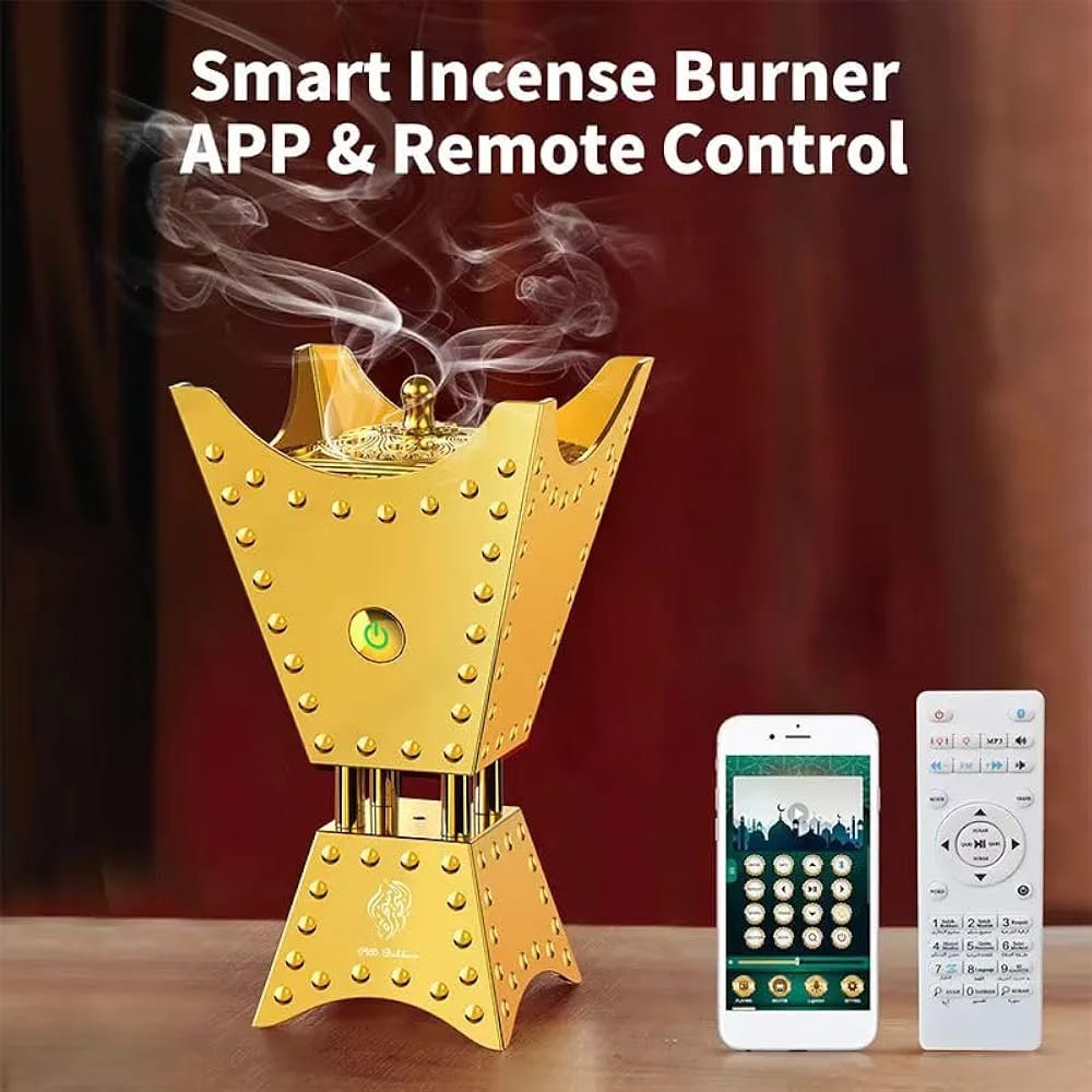 Smart incense burner with app and remote control on a wooden surface