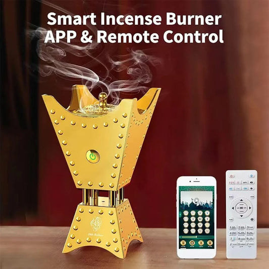 Smart incense burner with app and remote control on a wooden surface