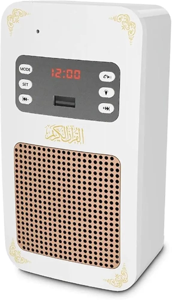 Portable white Equantu SQ 669 digital Islamic audio player device featuring physical control buttons and a USB port.