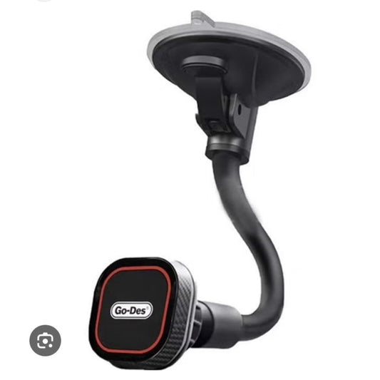 Flexible black mobile phone holder for car windshield with adjustable gooseneck arm.