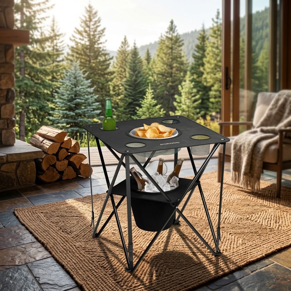 Foldable camping cooler table with insulated center compartment, cup holders, and storage bag