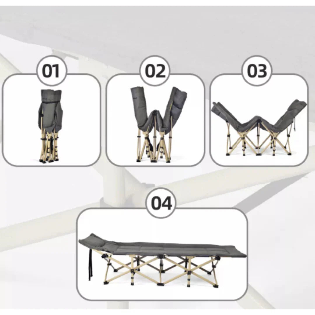 Foldable camping cot bed with padded mattress