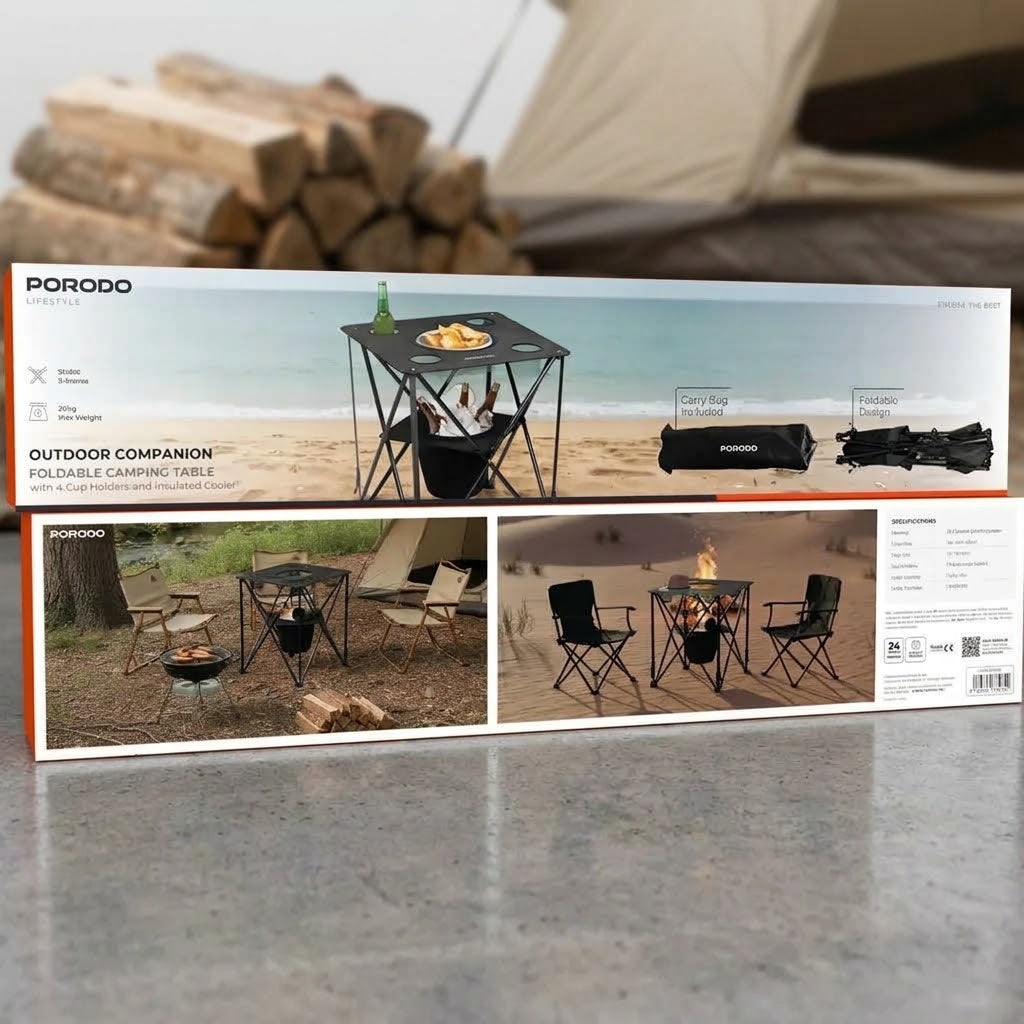 Folding camp table with built-in drink cooler, cup holders, and lightweight metal legs outdoors