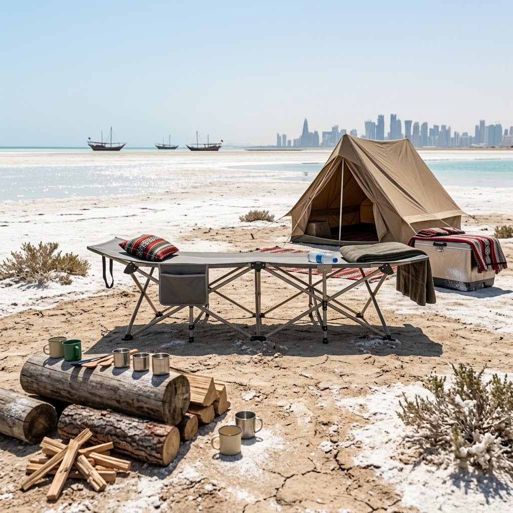 Folding camping cot with adjustable canopy from Qatigo Qatar