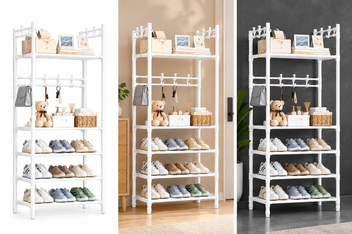 Freestanding white shoe storage rack with multiple shelves