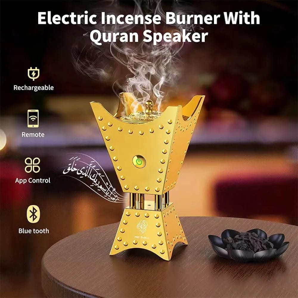 Gold electric incense burner with Quran speaker on a wooden surface