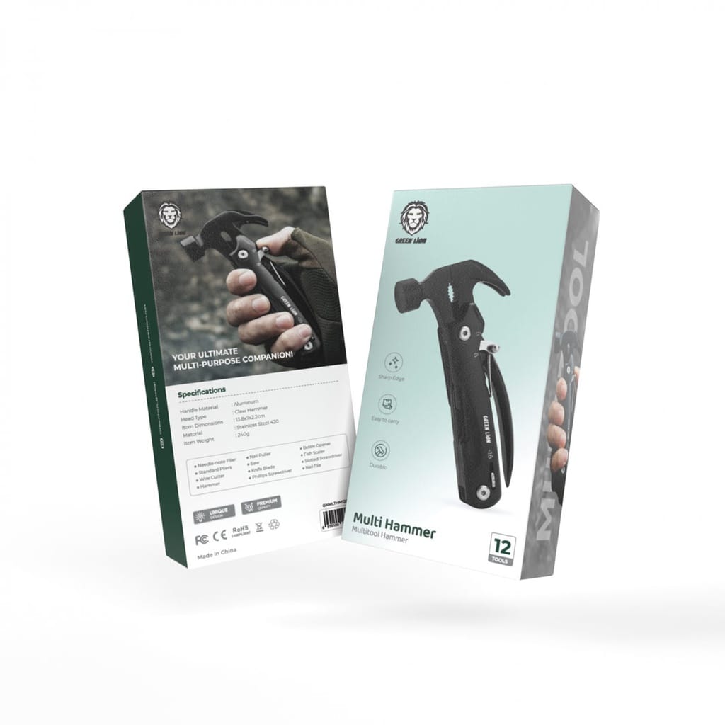 Two packaging boxes for a multi-tool and multi-hammer on a white background