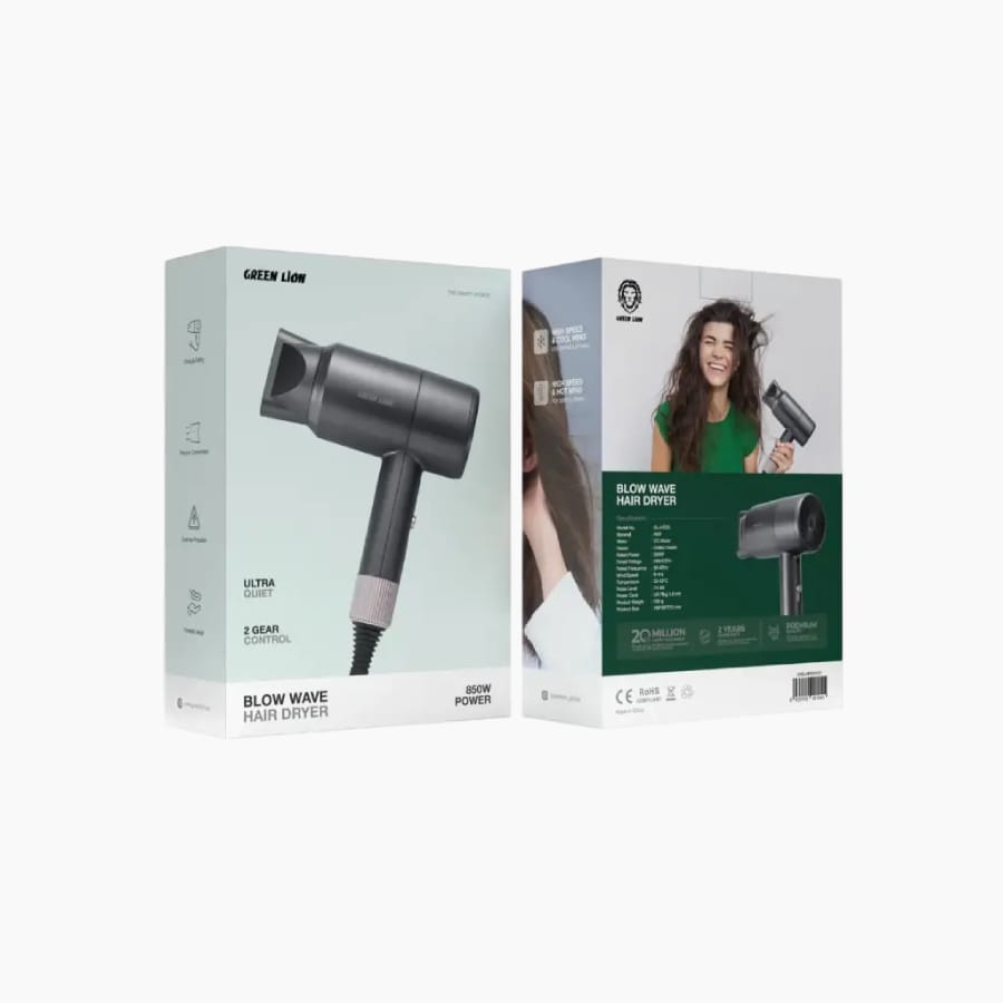 Two boxes of a hair dryer with a woman using it on a white background