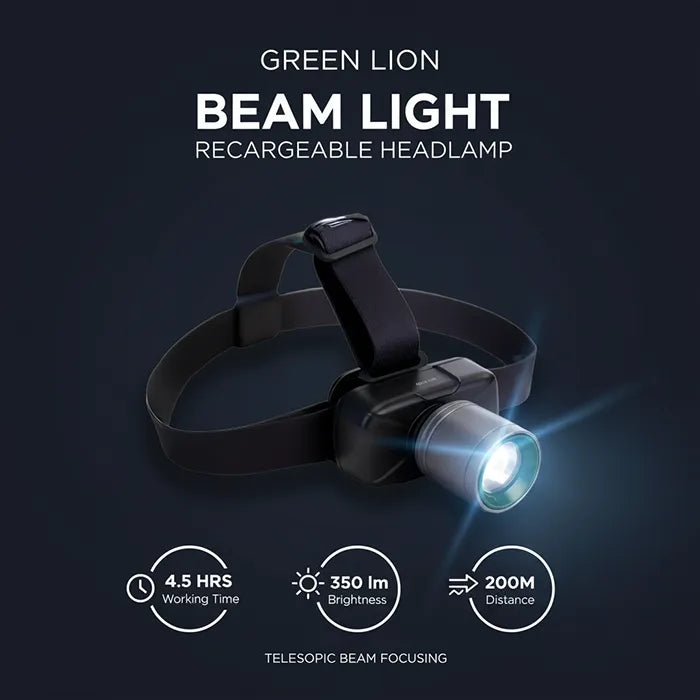Green Lion Beam Light rechargeable headlamp with 350 lumens and 200m range