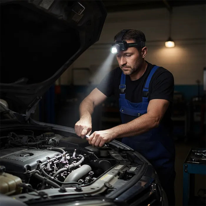 Green Lion rechargeable headlamp used by mechanic for automotive work