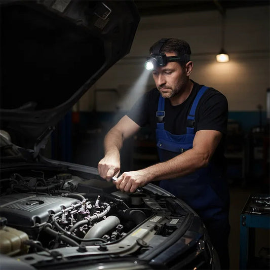 Green Lion rechargeable headlamp used by mechanic for automotive work